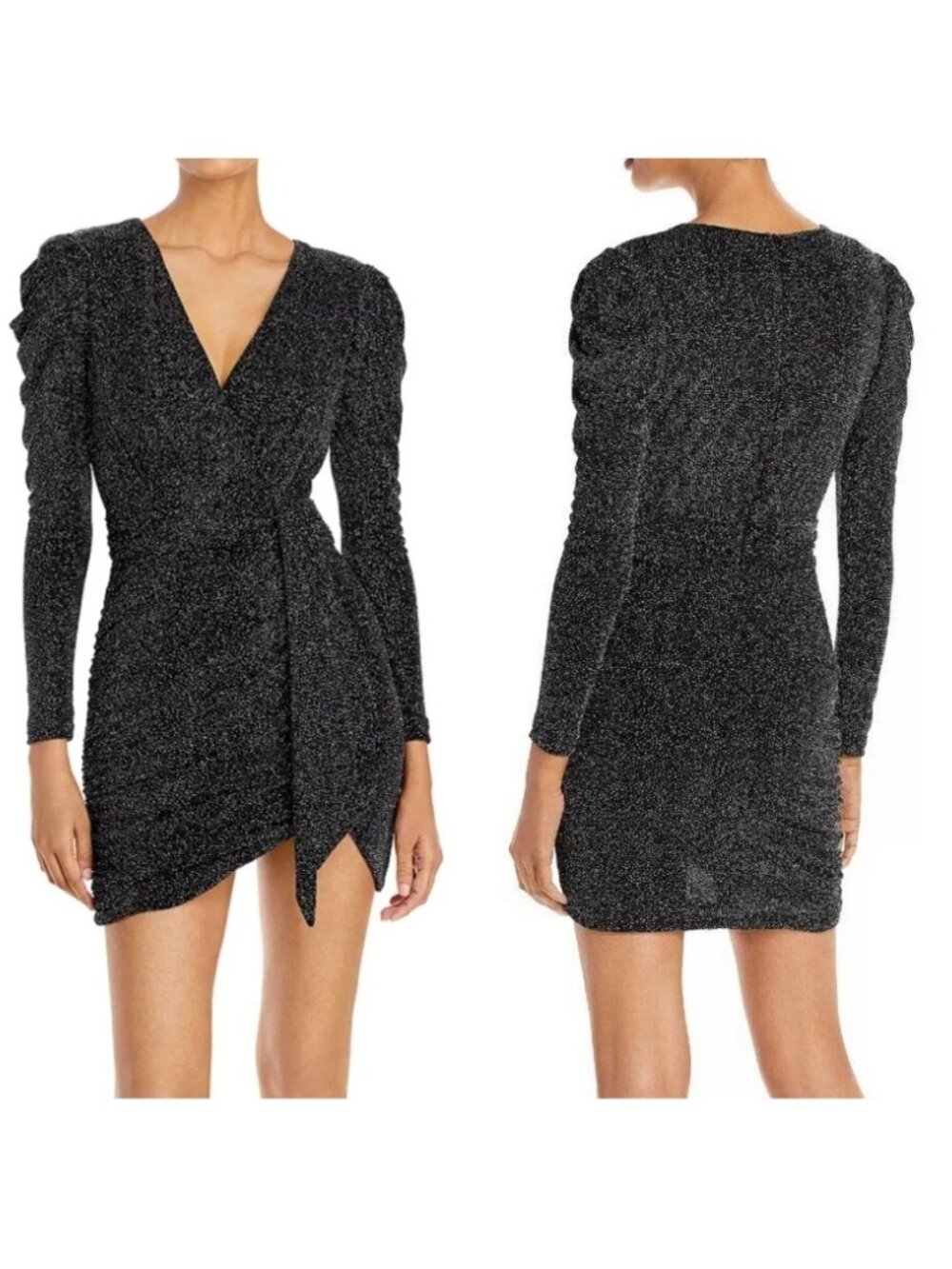 AQUA Metallic Ruched Faux Wrap Mini Dress Black Silver Puff Sleeve NWT Size 0 - Picture 1 of 8